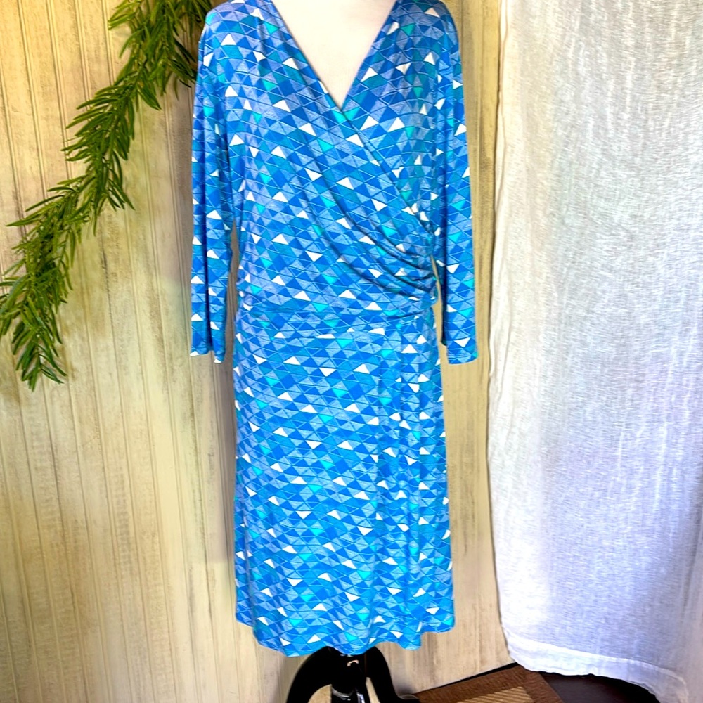 Hatley Resort Wear Geometric Jersey Faux Wrap Midi Dress, Large, EUC, Blue Teal